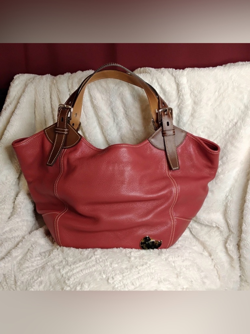 Dooney & Bourke Red Leather Tote with Brown Trim